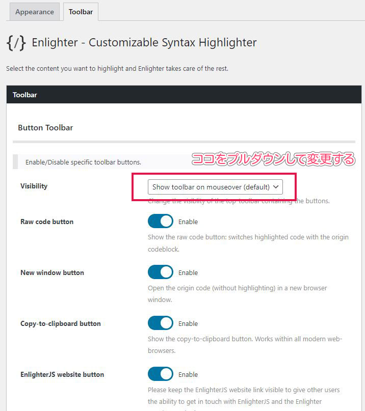 Customizable Syntax Highlighterツールバーを常時表示に変更させる設定画面